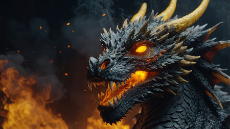 AI Generated. smoke, fire, dragon head dragon with glowing evil yellow eyesの素材