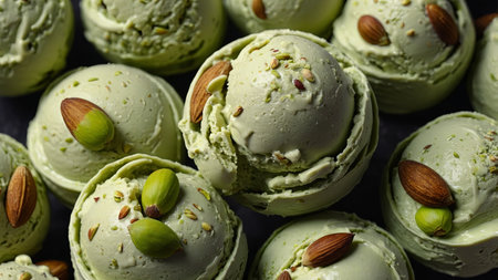 AI Generated. Tasty pistachio ice cream, background, Top viewの素材