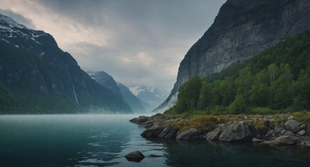 AI Generated. tall fjords steep cliff river, lake, creek fantasy foggy, misty landscapeの素材