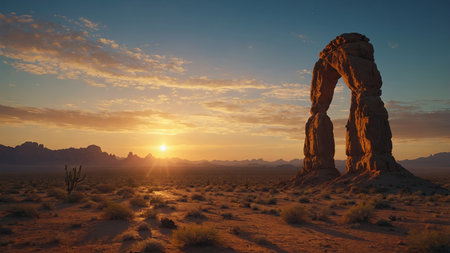 AI Generated. sunrise over the desert portal in the skyの素材