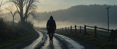 AI Generated. silhouette of a hooded figure walking down a rural misty roadの素材