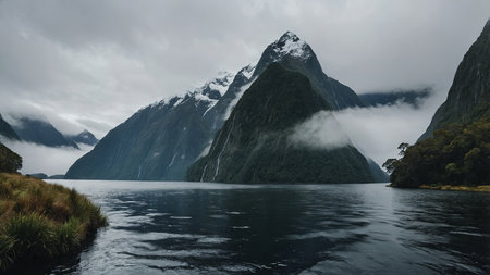 AI Generated. tall fjords steep cliff river, lake, creek fantasy foggy, misty landscape Milford Sound, new Zealand fjordsの素材