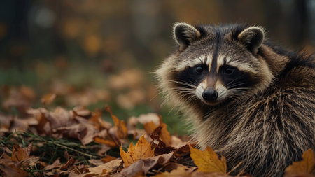 AI Generated. Autumn background with a raccoon, the concept of melancholy and home comfortの素材