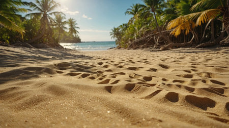 AI Generated. Beautiful background for summer vacation and travel Golden sand of tropical beach, blurry palm leaves and sea on sunny dayの素材