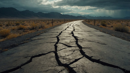 AI Generated. An old curved concrete road with cracks and dry vegetation Stormy post apocalyptic weather Barren landscapeの素材