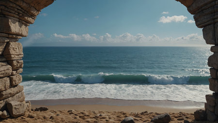 AI Generated. balanced stone portal arch view of the sea from the beachの素材