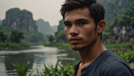 AI Generated. A beautiful young man travels to Southeast Asia to enjoy stunning views of Ninh Binh in Vietnamの素材