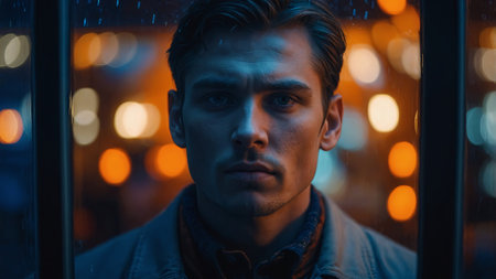 AI Generated. A close-up of a persons face seen through a window with blue and orange lightsの素材