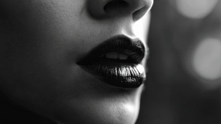 AI Generated. A dramatic black and white close-up of a person's finger on their lips, symbolizing silence and secrecyの素材