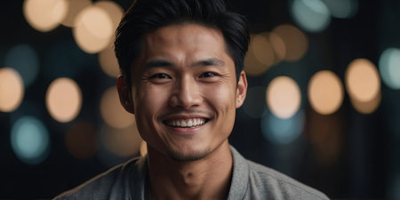 AI Generated. A handsome Asian male model smiles confidently, showcasing his healthy and glowing skinの素材