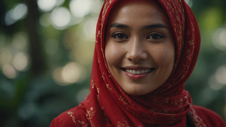 AI Generated. A beautiful Indonesian model smiles softly, wearing a vibrant red hijabの素材