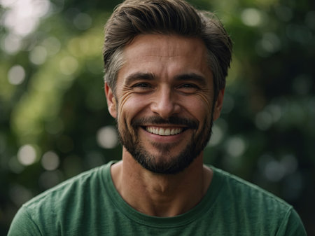 AI Generated. A man smiles while wearing a green shirtの素材