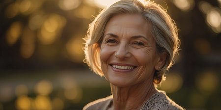 AI Generated. A beautiful mature woman with radiant skin smiles warmly, bathed in the soft glow of the golden hourの素材