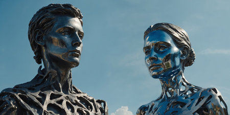 AI Generated. A couple of two sculptures are facing each other with a blue sky in the background,の素材