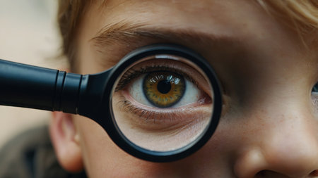 AI Generated. a child's eye through a magnifying glass close-upの素材