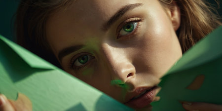AI Generated. A girl with beautiful green bright eyes with brown shadows and expressive eyebrows looks into the hole of colored paperの素材