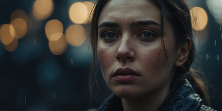 AI Generated. A look of sadness etched on a face, the eyes downcast and the lips turned downの素材