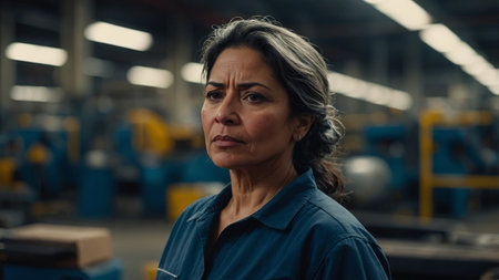 AI Generated. a latina woman in her forties working a tough job at a factoryの素材