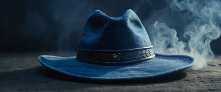 AI Generated. blue witch hat wizard hat smoke backgroundの素材
