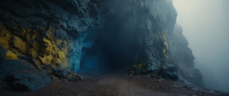 AI Generated. Blue and yellow smokey and foggy cave entrance Large stone cave Misty and foggy rock formationの素材