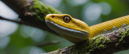 AI Generated. Close-up of a yellow viper coiled on a branch, Indonesiaの素材