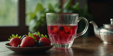 AI Generated. Close-up juicy berry drink from ripe strawberry in glass cup and teapot on tableの素材