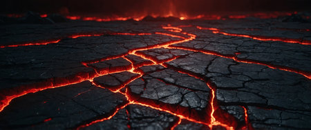 AI Generated. Dramatic image showcasing dark, cracked ground with deep fissures glowing with intense red light Perfect for geological themesの素材