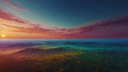 AI Generated. Envision the dynamic beauty of a sunrise gradient spectacle radiating with vitality, as vibrant tones meld into deeper shades, offering an electrifying backdrop for design explorationの素材