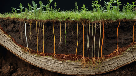 AI Generated. Cross section of earth showing the process of plant growth and their intricate root systemsの素材