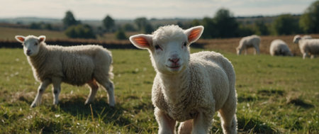 AI Generated. White lamb in field in front of other animalsの素材