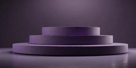 AI Generated. Five minimalist purple toned round podiums for product presentation on empty background, minimalistの素材