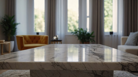 AI Generated. Empty marble stone table in a blurred bedroom interior, ideal for product displays or design layoutsの素材