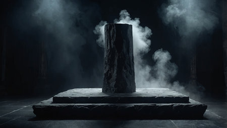 AI Generated. Dark, mysterious stone podium shrouded in eerie, wafting smoke, illuminated by a single, dramatic light source, evoking an aura of luxury and dramatic product presentationの素材