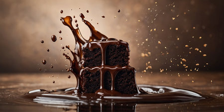 AI Generated. A chocolate cake falling into water splashes chocolate on topの素材