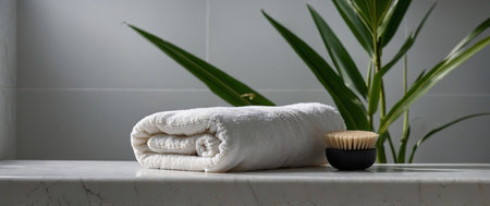 AI Generated. A clean bathroom background with a green palm branch casting shadows, a terry cotton towel and a massage brushの素材