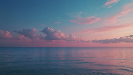 AI Generated. Aesthetic and beautiful minimalism beach scene featuring a serene shoreline with a stunning blue and pink color gradient sky, evoking a sense of tranquility and peacefulnessの素材