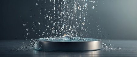 AI Generated. drops of water fall on a cylindrical podium cosmetic products display pedestal illustrationの素材