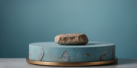 AI Generated. A broken stone podium displayed on a light blue background, decorated with a luxurious fabric,Empty space for cosmetic product presentationの素材