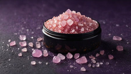 AI Generated. beauty product displayed on rough purple stone with pink salt crystalsの素材
