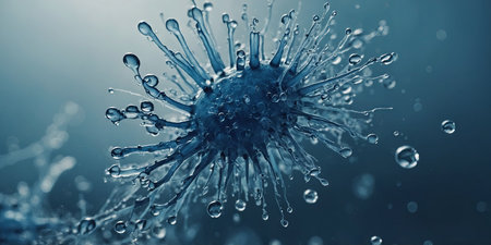 AI Generated. A close up of a blue bacteria with a blue stem The bacteria is surrounded by water dropletsの素材