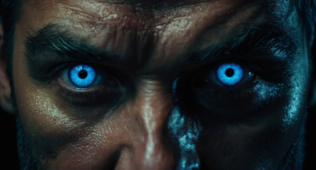AI Generated. Glowing blue eye of a mysterious man Serious expression Evil man in the dark Intense gaze Paranormal glowing eye concept Closeup of glowing evil eyes in the dark Halloween creepy conceptの素材