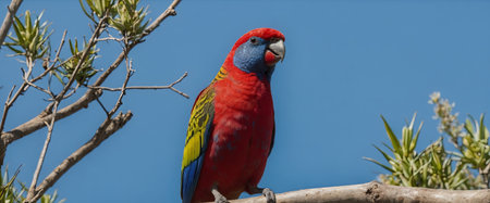 AI Generated. A crimson rosella sitting high on an exposed branch in front of a blue skyの素材