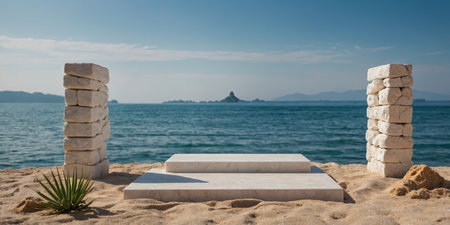 AI Generated. White stone podium with beach background Minimal scene podium for product presentation or advertisingの素材