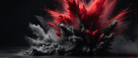 AI Generated. black background with red abstract powder explosionの素材