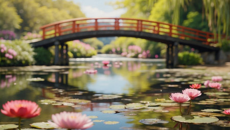 AI Generated. Impressionist Mastery A CloseUp of Claude Monets Vibrant Japanese Bridgeの素材