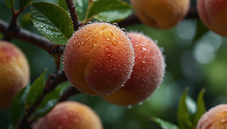 AI Generated. Close up micro shot of fresh peach with dew on tree, ideal banner with copy spaceの素材