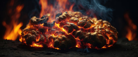 AI Generated. Close up of intense flames and smoke on dark background for impactful visual representationの素材