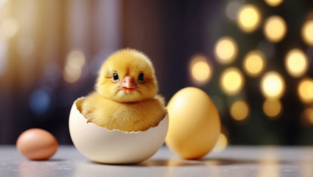 AI Generated. Cute chick easter egg on white table with blurred background, charming holiday decorationの素材
