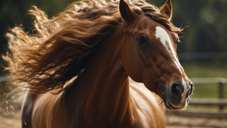 AI Generated. Equestrian motion horse mane flowing in wind, galloping close up olympic sport conceptの素材
