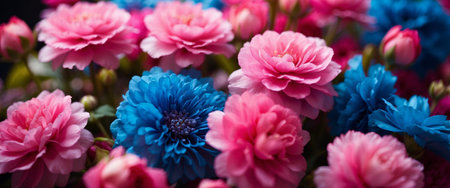 AI Generated. Close up of vibrant blue and pink flowers in a stunning and colorful arrangementの素材